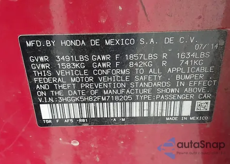 2015 Honda Fit Ex/Ex-L из США, поврежденный, VIN 3HGGK5H82FM718205